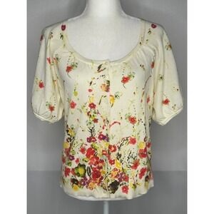 Ann Taylor Loft Womens Floral Pima Cotton Cardigan Sweater Cream Cottagecore  L